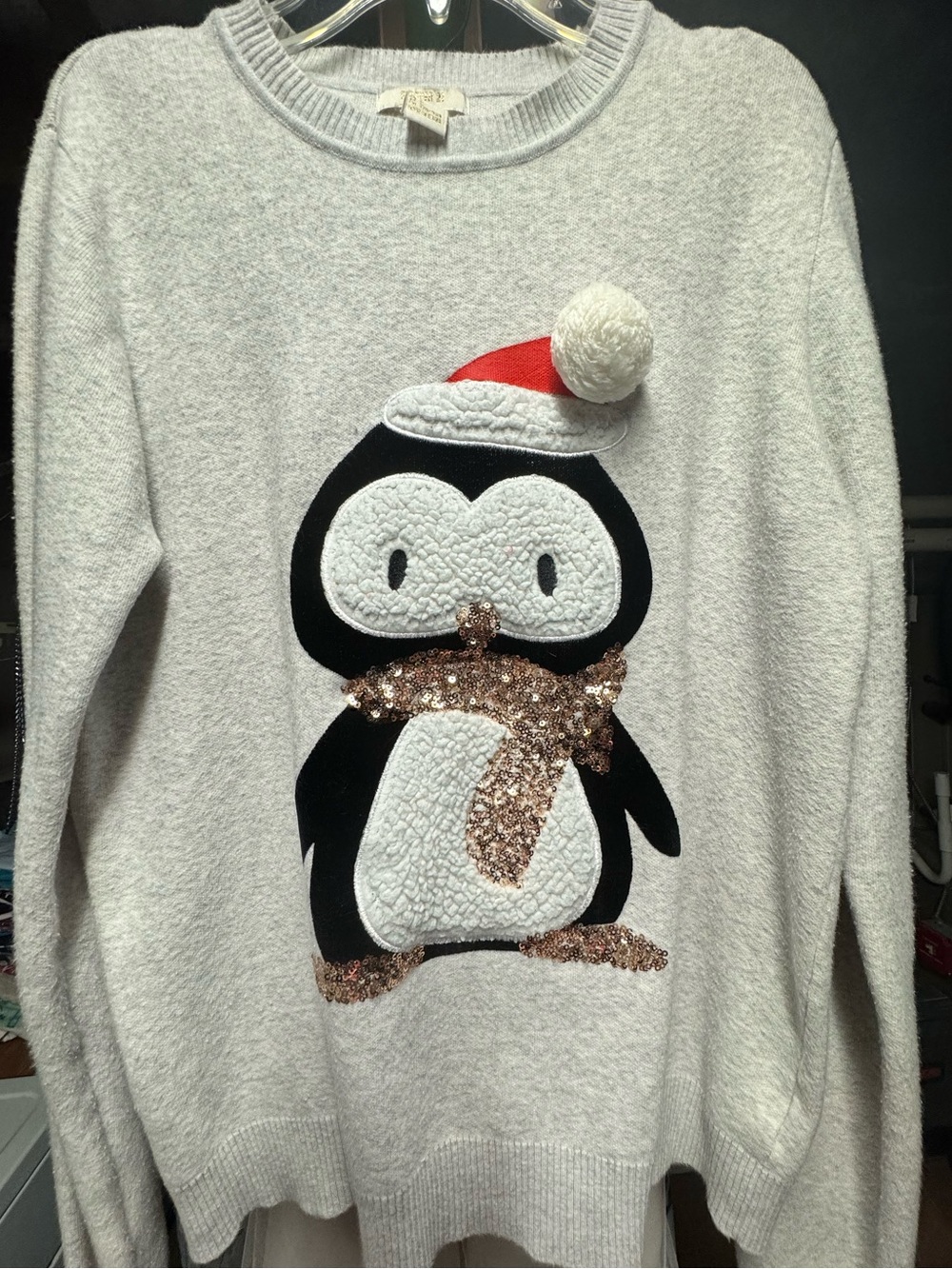 Forever 21 White Crewneck Sweater with Black Penguin and Red Pom Hat